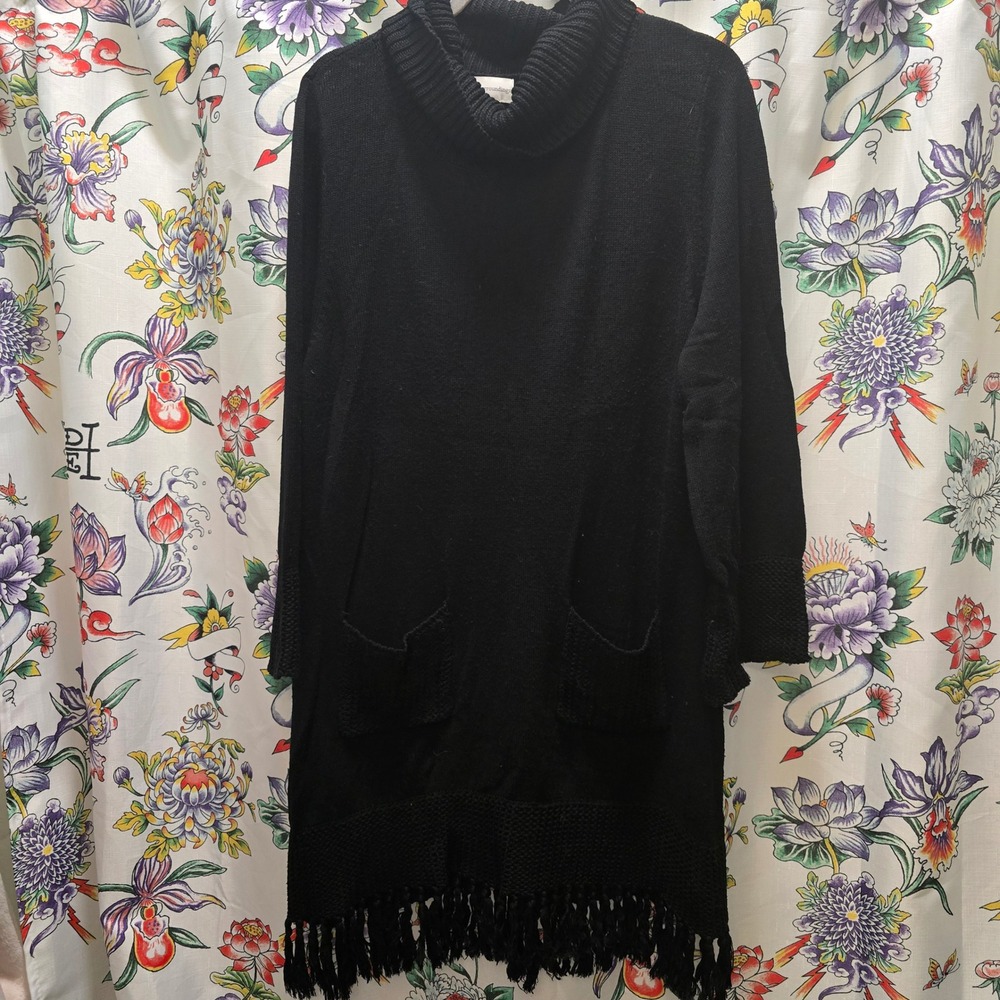 Soft Surroundings Montreux Fringe Black Cowl Neck Sweater Dress Large Pockets‎